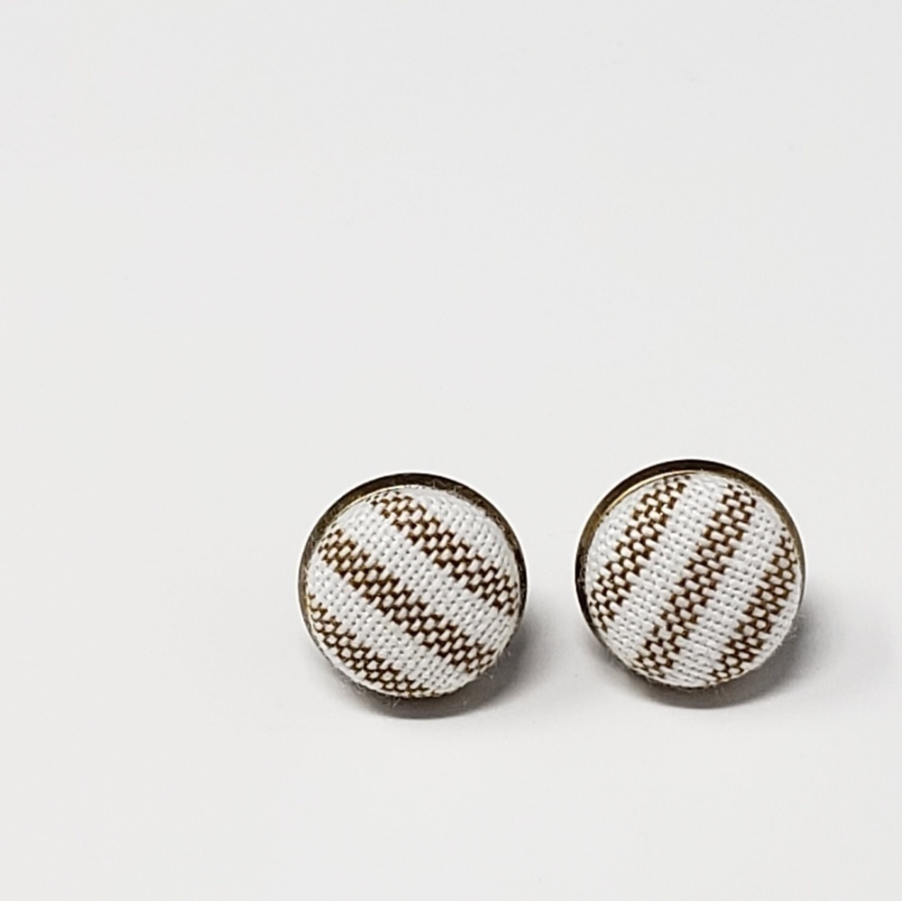 New Handmade Beige Cream Striped Upcycled Button Stud Earrings